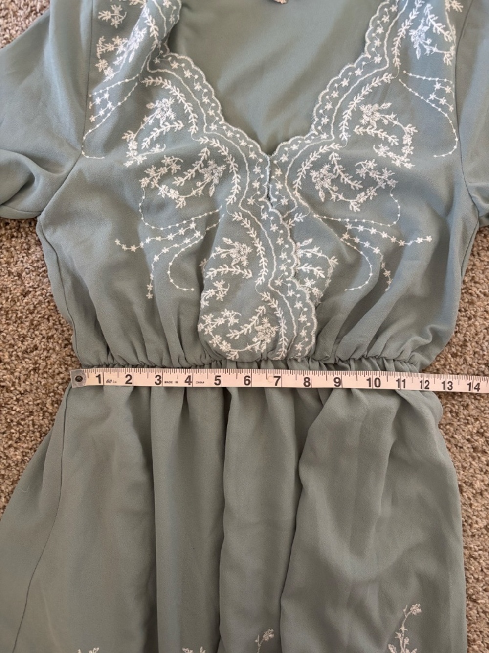 H&M Sage Green Embroidered Boho Mini Dress | 3/4 Sleeve V-Neck - Picture 5 of 6